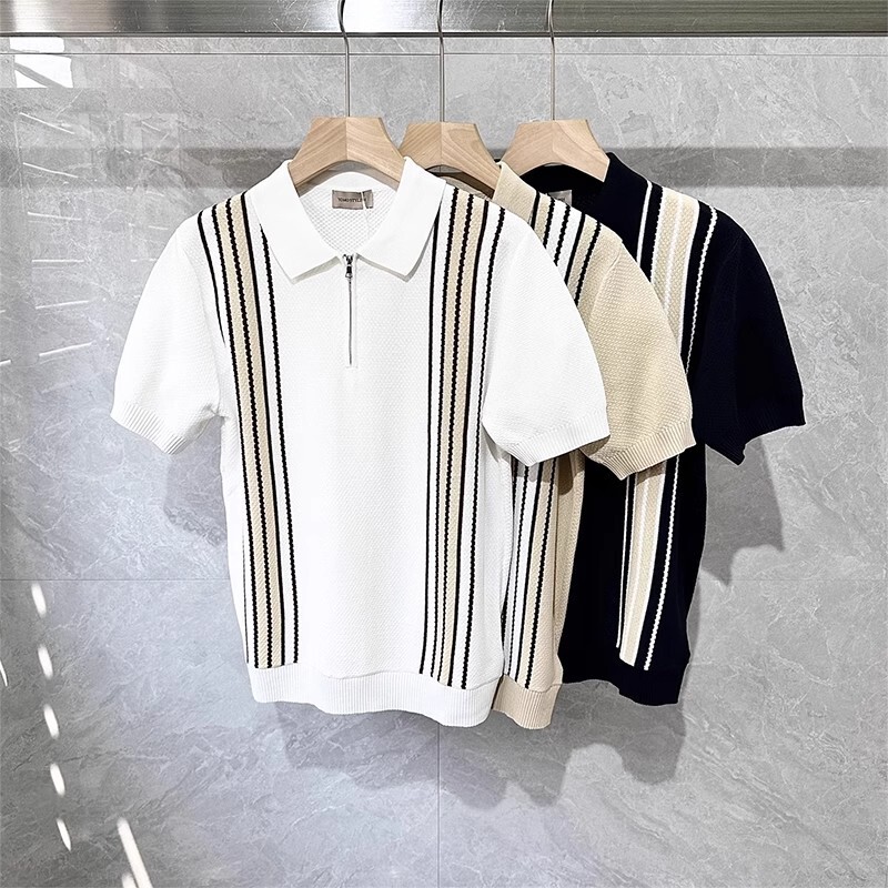 Summer Cool and High-End Half-Zip Short-Sleeved Polo Shirt for Men with Pineapple Plaid Jacquard Stripesd Lapel Knitted T-Shirt