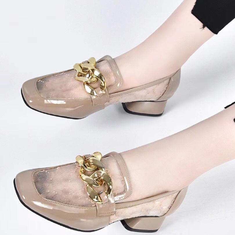 Giày Loafer Nữ Da Thật Đầu Vuông Gót Chunky 3 cm — Lưới đen (gót 3CM)