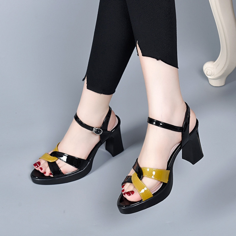 Sandal cao gót nữ quai ngang da thật đế platform tăng chiều cao — Màu đen