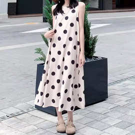法式波点无袖棉麻连衣裙女夏季高级感气质宽松遮肉显瘦长款背心裙