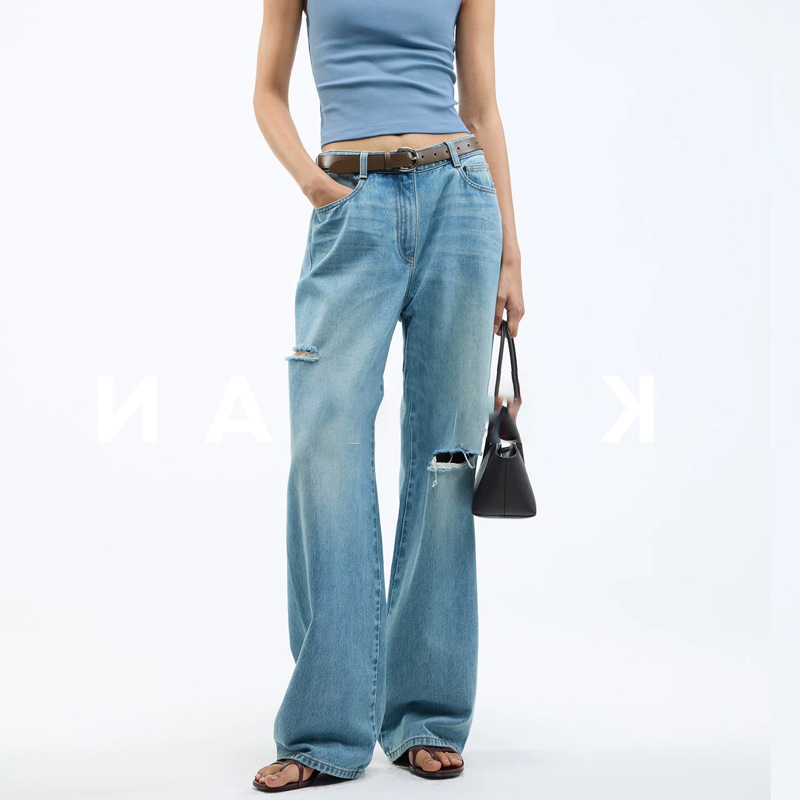 Kei European Imported Heavyweight High-Thread-Count Cotton, a Stylish and Bohemian One-Piece Mid-Low Waist Straight-Leg Ripped Jeans