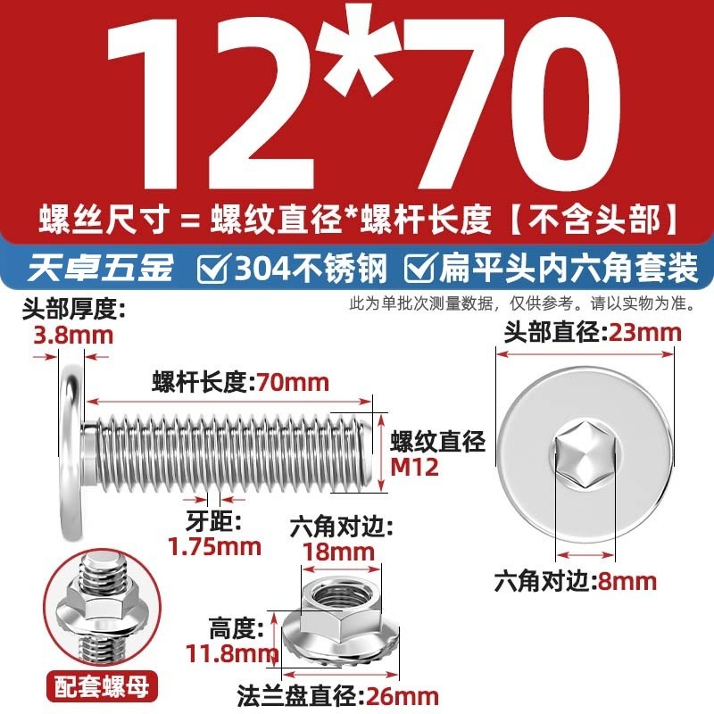 304不锈钢CM大平头超薄头C头扁平头内六角螺丝钉法兰边螺母套装M5|undefined