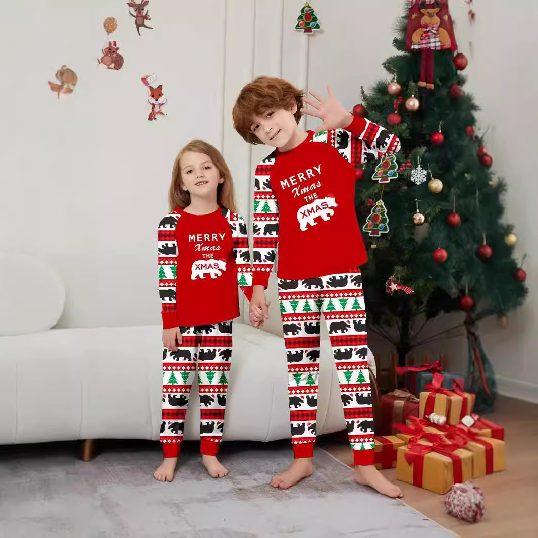 Christmas tree Bear letter stripes Christmas family dress printed home wear_voghion.com