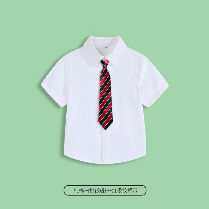 Camisa blanca manga corta 100% algodón + corbata rayas rojas / 110cm
