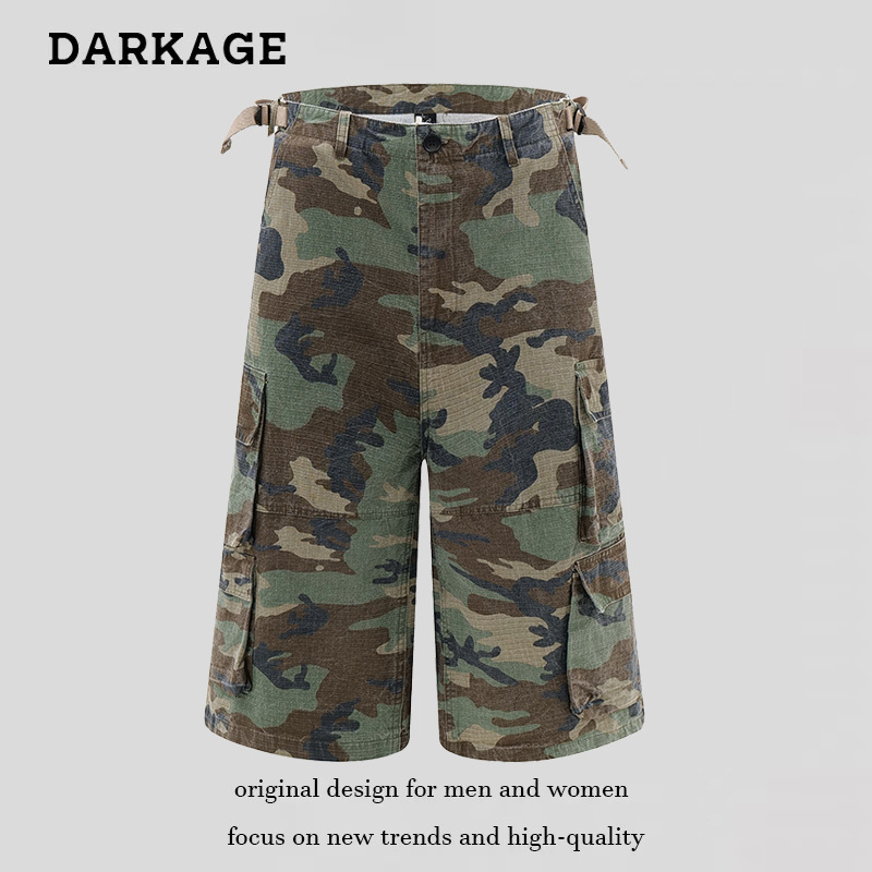Washed distressed multi-pocket workwear shorts, military camouflage shorts, unisex summer hip-hop capri pants