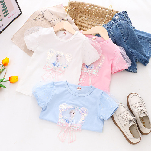 Children's Summer 2024 New Fashion Short Sleeve Bubble Sleeve T-Shirt with Glamorous Sparkles, Trendy Women's Top for International Trade, Dropshipping One Piece