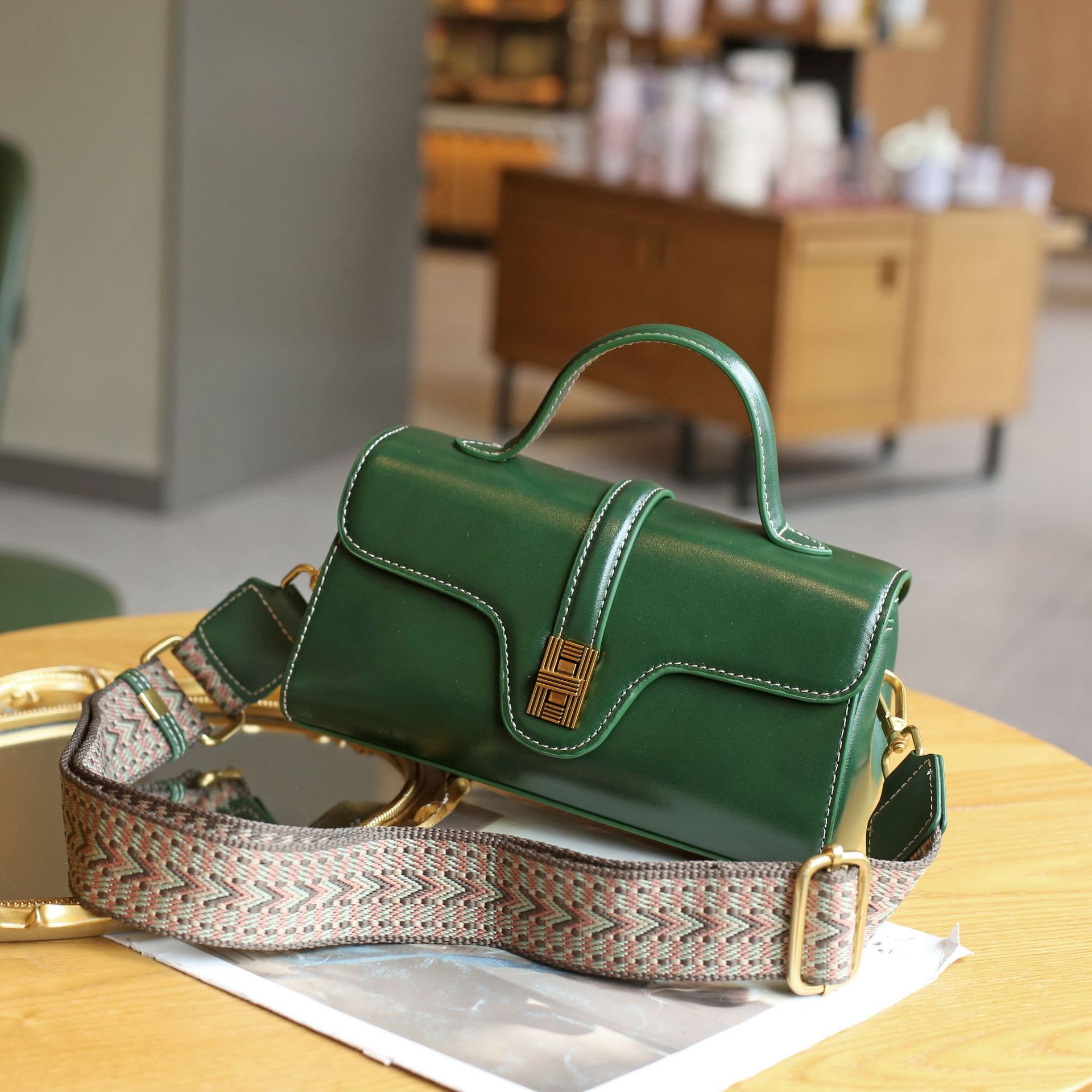 Women's Crossbody Bag - Top Grain Vegetable-Tanned Leather Shoulder Bag With Wide Webbing Strap, Retro High-End Texture Commuter Motorcycle Bag - Thumbnail 2