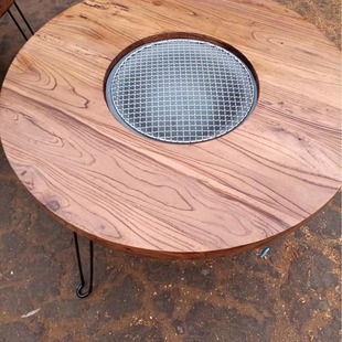 Old Elm Wood Furnace Table Hot Pot Table Barbecue Table Iron Folding Furnace Table Solid Wood Round Table Outdoor Folding Furnace Table