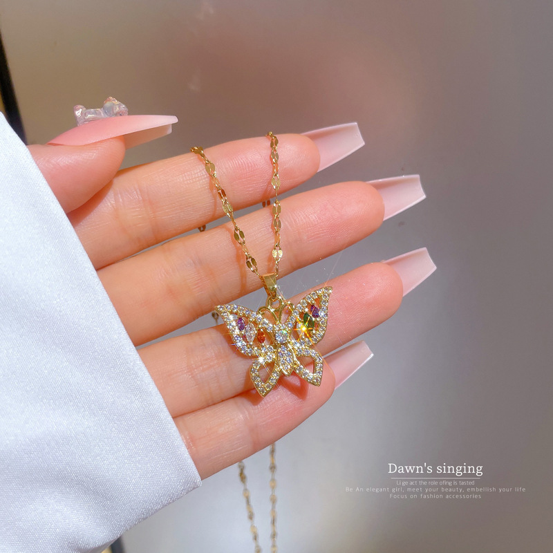 Ethnic Style Butterfly Titanium Steel Copper Inlay Zircon Pendant Necklace 1 Piece