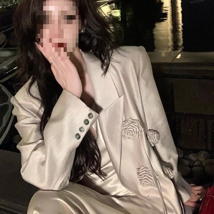 感缎面西装外套女2025春秋休闲宽松西服v领镂空吊带裙两件套爆款|undefined