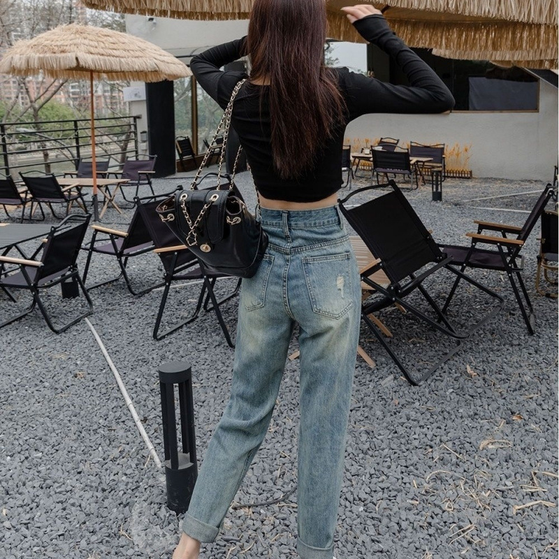 破洞牛仔裤女直筒宽松2025年薄款春夏高腰显瘦乞丐哈伦九分小个子