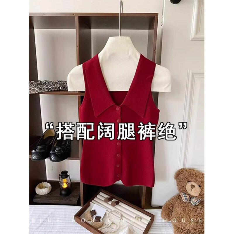 Trendy Girl's Red Polo Collar Knit Vest for Summer, Slim-Fit Top with a High-End Feel, Sleeveless Outerwear Trendy Girl's Red Polo Collar Knit Vest for Summer, Slim-Fit Top with a High-End Feel, Sleeveless Outerwear