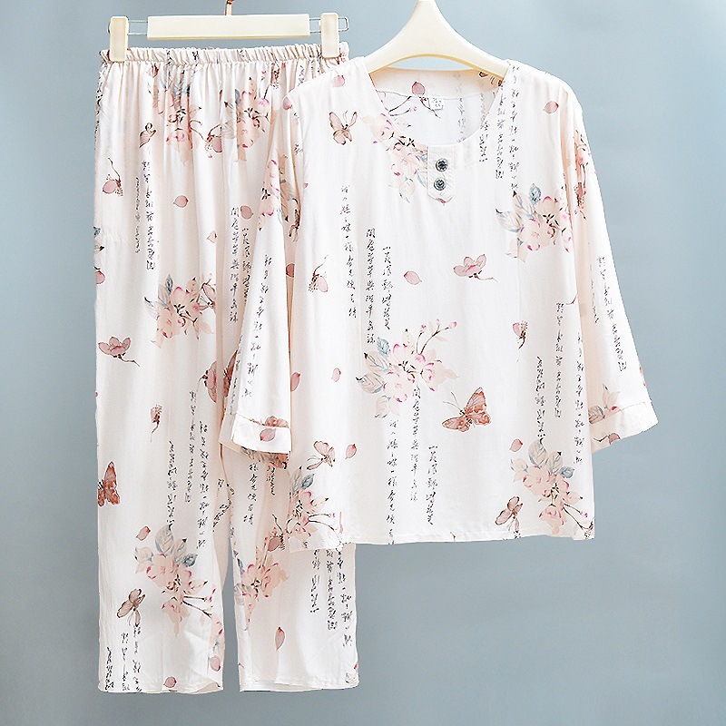 女性用綿シルクパジャマ、夏用薄手、中高年ママ、ゆったり綿シルクホーム服、七分袖お出かけスーツ|undefined