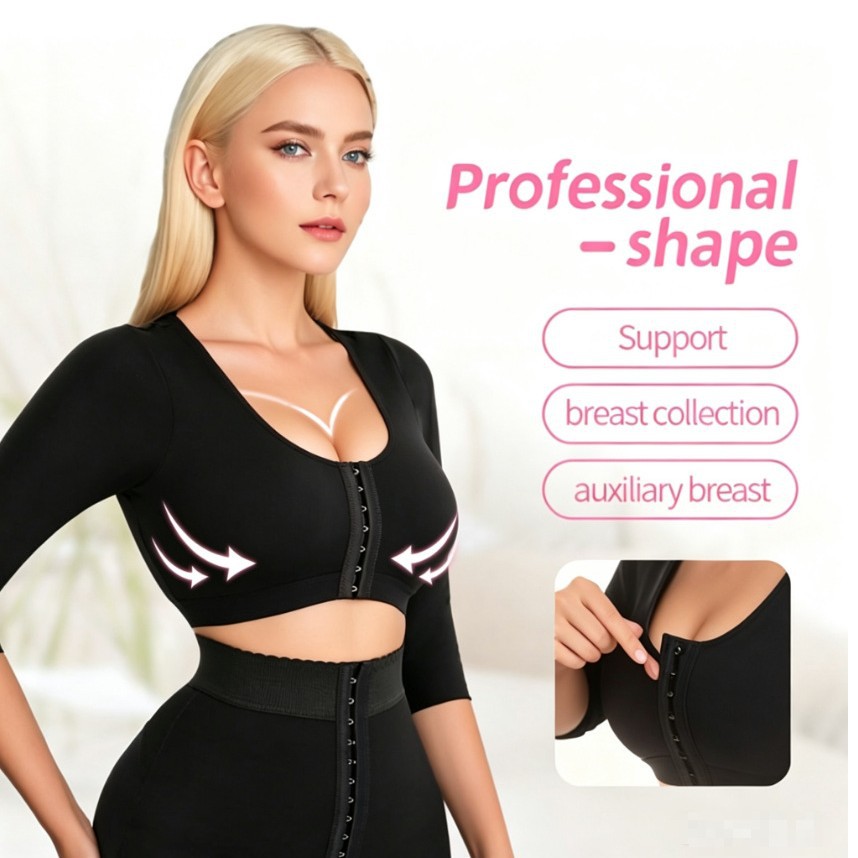 V-neck adjustable shapewear top for yoga and fitness, front-button, suitable for both inner and outer wear, three-quarter sleeves, European and American style