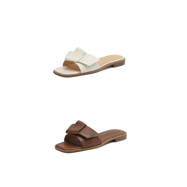 Dép sandal nữ da thật mũi vuông quai chữ V gấp gọn hoa — nâu, Màu trắng nhạt chi tiết 17