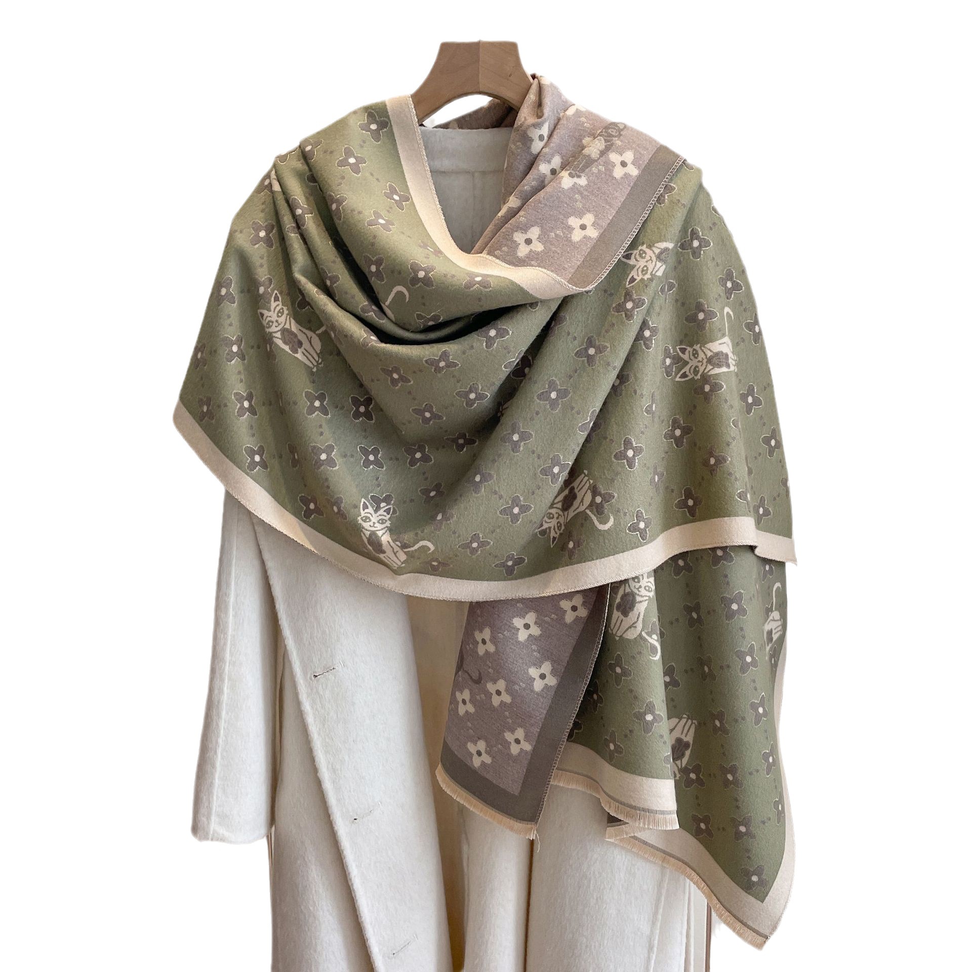 Comercio exterior europeo y americano otoño e invierno nuevo cálido engrosado alargado chal bufanda gato pequeña flor bufanda de Cachemira para mujeres