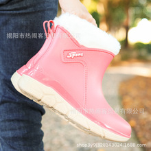 日系新款時尚雨靴女中短筒加絨保暖鞋淺色系女款加厚平底雨鞋膠鞋