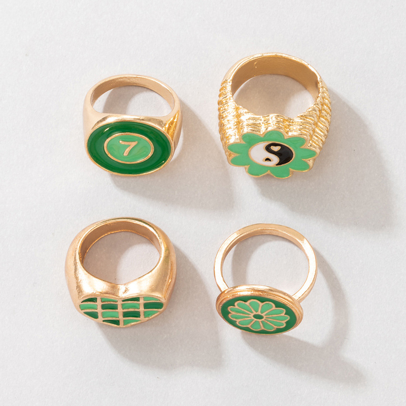 Simple Fashion Green Hit Color Tai Chi Flower Grid Heart Number 7 Drops Oil Ring 4-piece Set display picture 7
