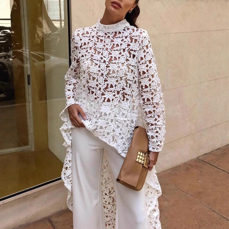 Jfl6072 Front Short Back Long Water-Soluble Crochet Lace Spring Top with Hollow-Out Long Sleeves and Loose Fit Personalized T-Shirt