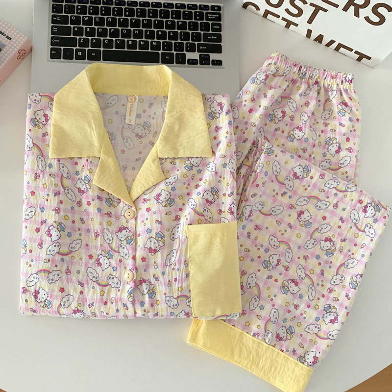 扎染条纹云朵纯棉纱睡衣女春秋季长袖简约可外穿开衫家居服夏套装|undefined