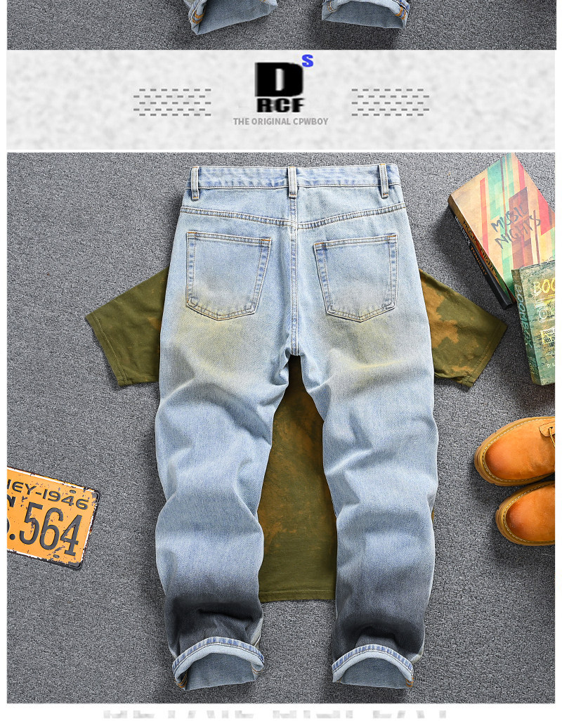 Men's Vintage Washed Jeans - Relaxed Straight-Leg High Street Denim Pants With Wave Crease Design, Light Blue_mkmklike.com