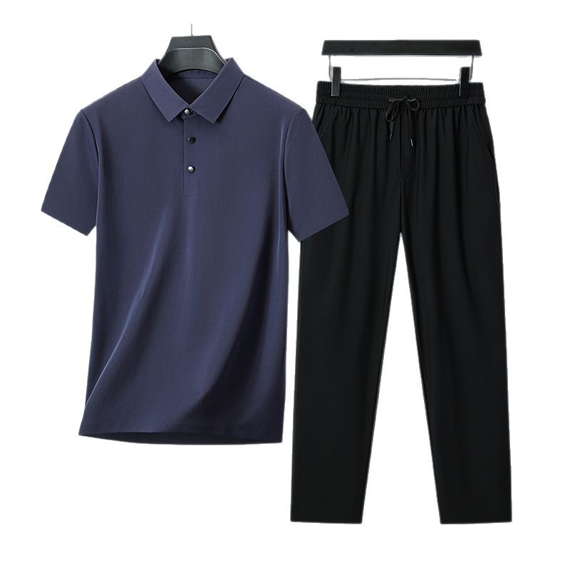 100% Mulberry Silk Men's Light Business Summer Fashion Casual suit Traceless Polo Shirt Middle-aged Dad Two-piece Set