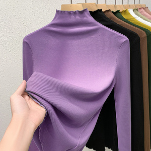 Camiseta interior modal para mujer, cuello medio alto, ropa de mujer 2024, efecto rejuvenecedor, borde con volantes, ropa interior para otoño e invierno, top ajustado a la cintura con mangas con volantes.