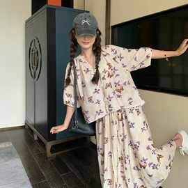 实拍小个子慵懒风蝴蝶长裙两件套女2026夏季新款v领盘扣小衫套装