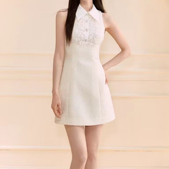 蕾丝珍珠无袖千金风连衣裙女2025夏季重工显瘦洋气短裙a字裙2087