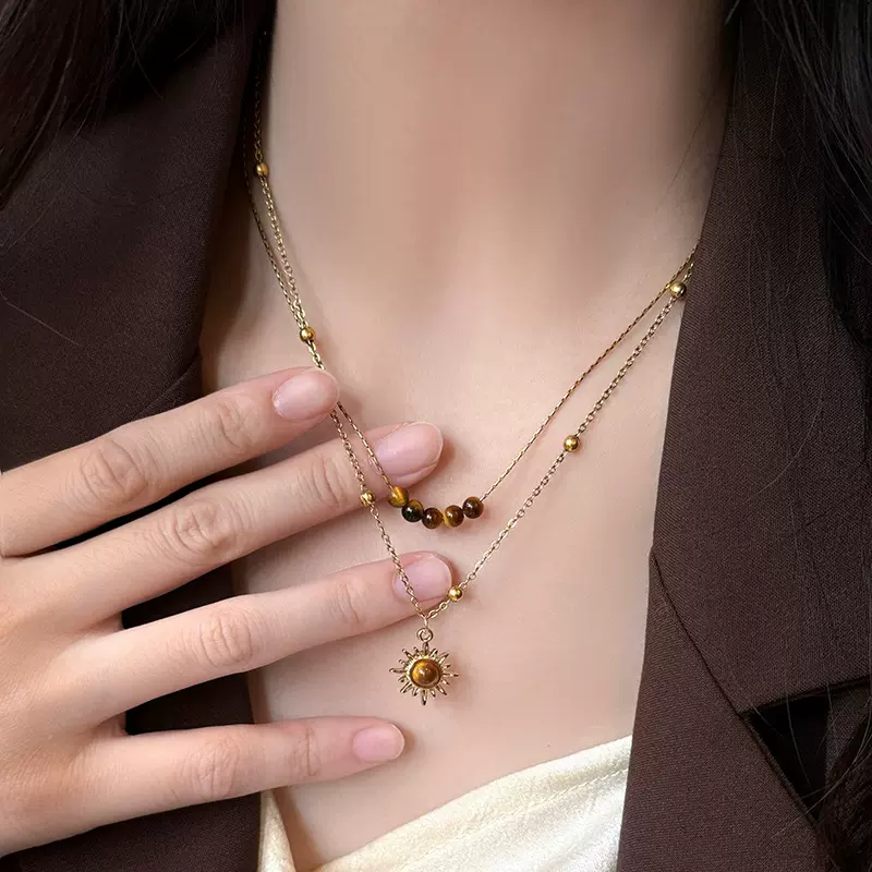 复古金色太阳花虎眼石项链女小众设计感叠戴毛衣链秋冬锁骨链配饰