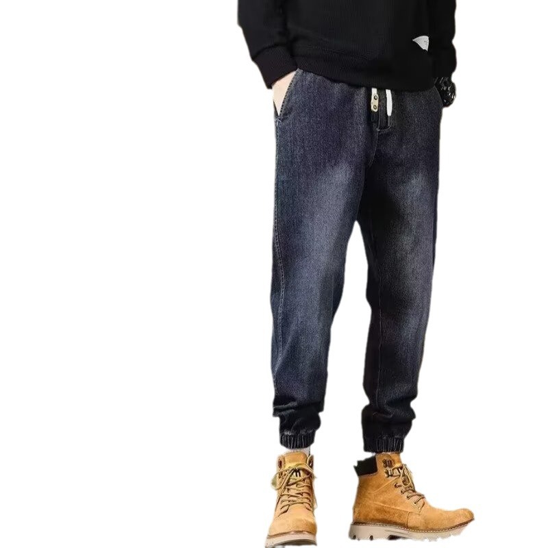 2024 primavera y otoño pantalones vaqueros de cintura elástica todo fósforo para hombres, pantalones de pierna ancha rectos sueltos para adolescentes de la calle principal