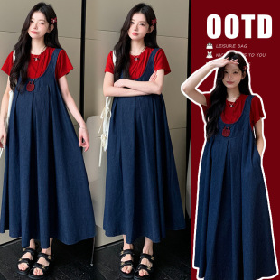 Real shot in stock 2025 summer new cotton T-shirt Korean version of all-match Denim vest skirt