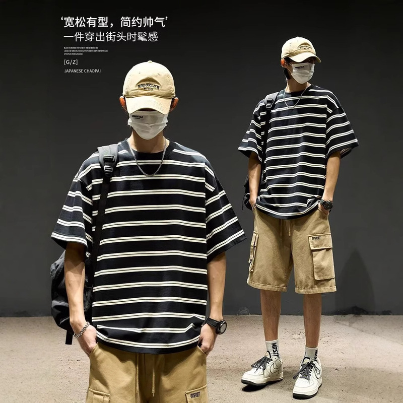 ストライプ Tシャツ メンズ 2025 新しいアメリカンファッションブランド ピュアラウンドネック 半袖 ルーズ カジュアル 香港スタイル 半袖 インサマー|undefined