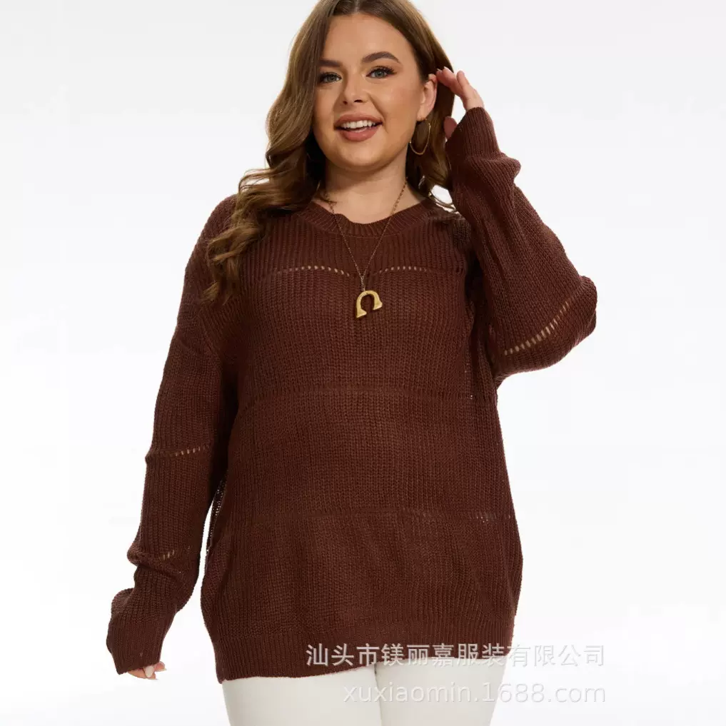 外贸跨境欧美女装宽松大码镂空针织衫圆领长袖纯色套头毛衣气质