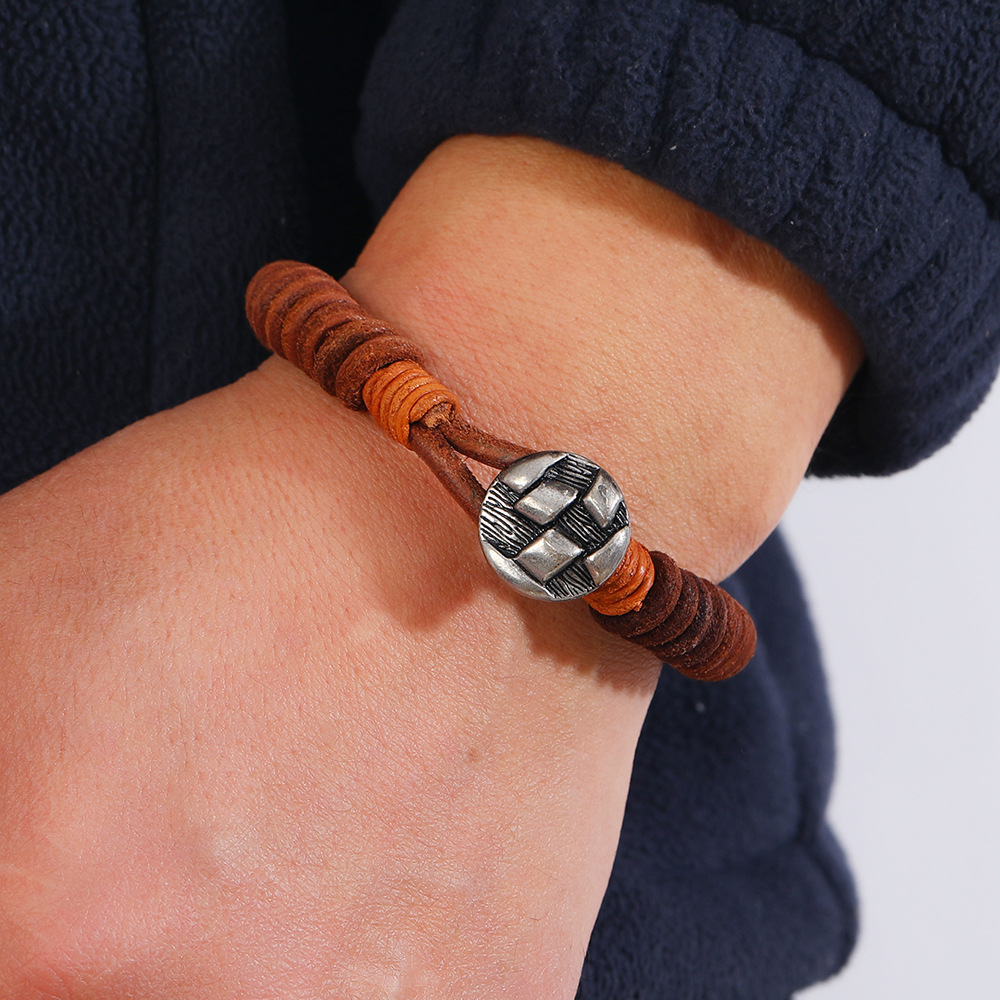 Alloy, Cowhide Material Geometric Pattern Men's Gender Retro Geometric Alloy Cowhide Knitting Men's Bangle Men Cord & Leather Bracelets