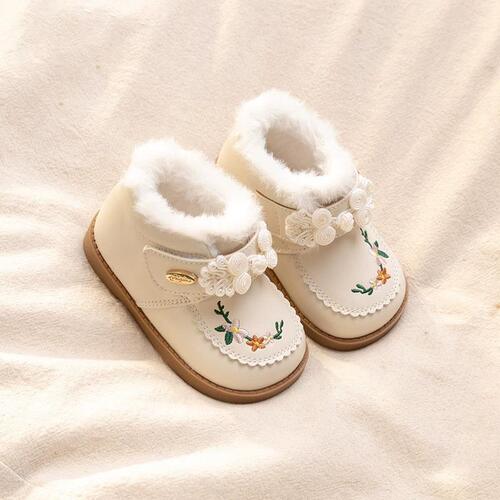 Cotton Shoes for Girls with Fleece Lining, Winter Waterproof Leather Boots, Soft Sole, Cute Children's Traditional Chinese Style Embroidered Short Boots, Hanfu Inspired Princess Shoes