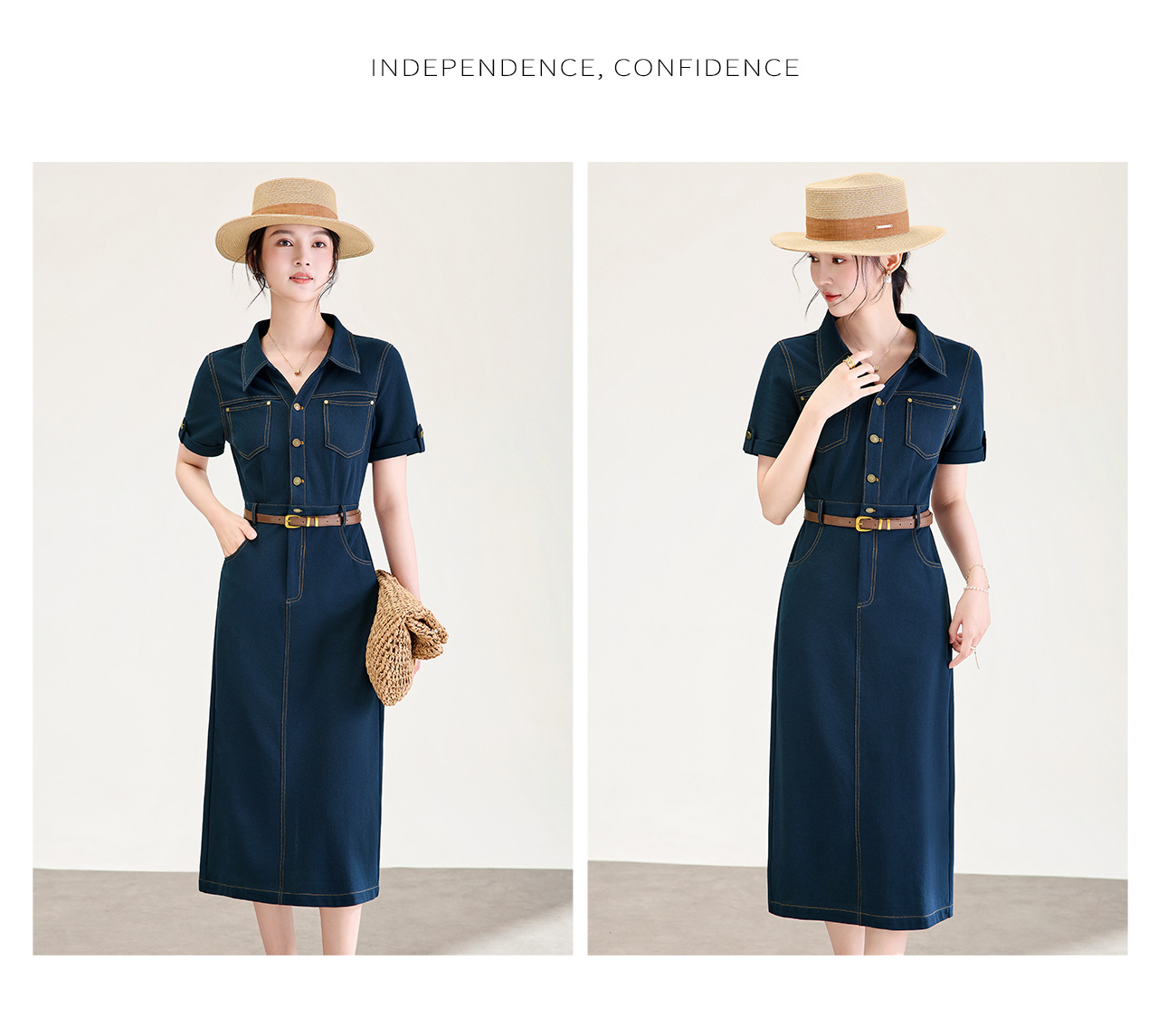 Đầm denim nữ cổ V eo cao tay ngắn dáng ôm — xanh lam chi tiết 13