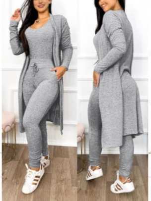 Cross-Border Foreign Trade European and American Amazon Autumn and Winter Cardigan Long Casual Pants Suit Jumpsuit Solid Color Multi-Color Women's Clothing