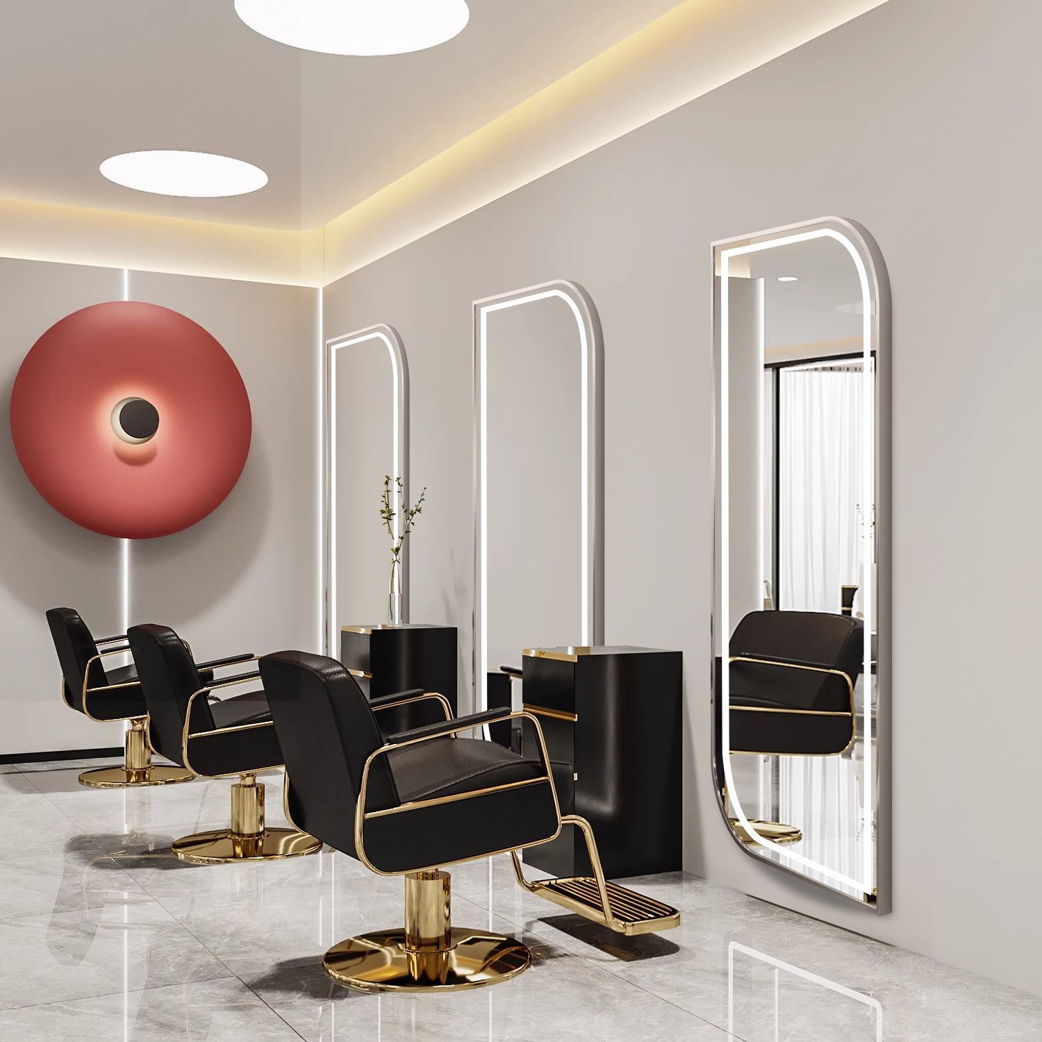 Barbería simple decoración espejo rojo en línea espejo con lámpara marea pared de un solo lado espejo peluquería image 31