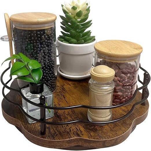 Kitchen spice rack wooden rotatable double-layer bottle and can organizer iron-wood combined storage tray 30cm