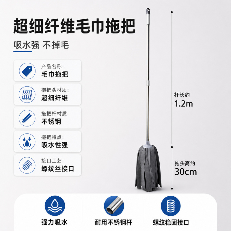 Microfiber mop with strong water absorption, reinforced stainless steel threaded handle that won't fall off, available for domestic and international trade, one-piece drop shipping Microfiber mop with strong water absorption, reinforced stainless steel threaded handle that won't fall off, available for domestic and international trade, one-piece drop shipping