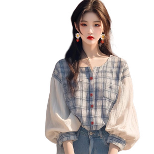 2024 Early Autumn New Shirt Explosions Niche Chic High-end Korean Style Age-reducing Blue Lantern Sleeve Plaid Top
