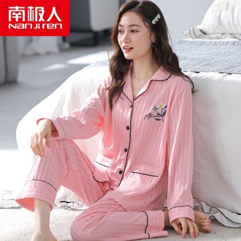 Pijamas de primavera y otoño de las mujeres más el tamaño % de algodón de manga larga traje de dos piezas Otoño e Invierno Delgado se puede usar fuera de casa