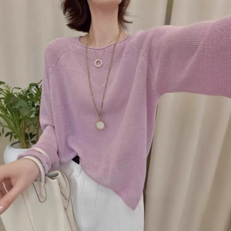 Thin Japanese Paper Yarn Knitwear for Women 2025 Spring and Summer New Style Seamless Long-Sleeved Round Neck High-End Pure Color Bottoming Shirt