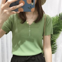 2024夏季新款韩版纯色针织短袖T恤女学生打底衫修身显瘦v领上衣