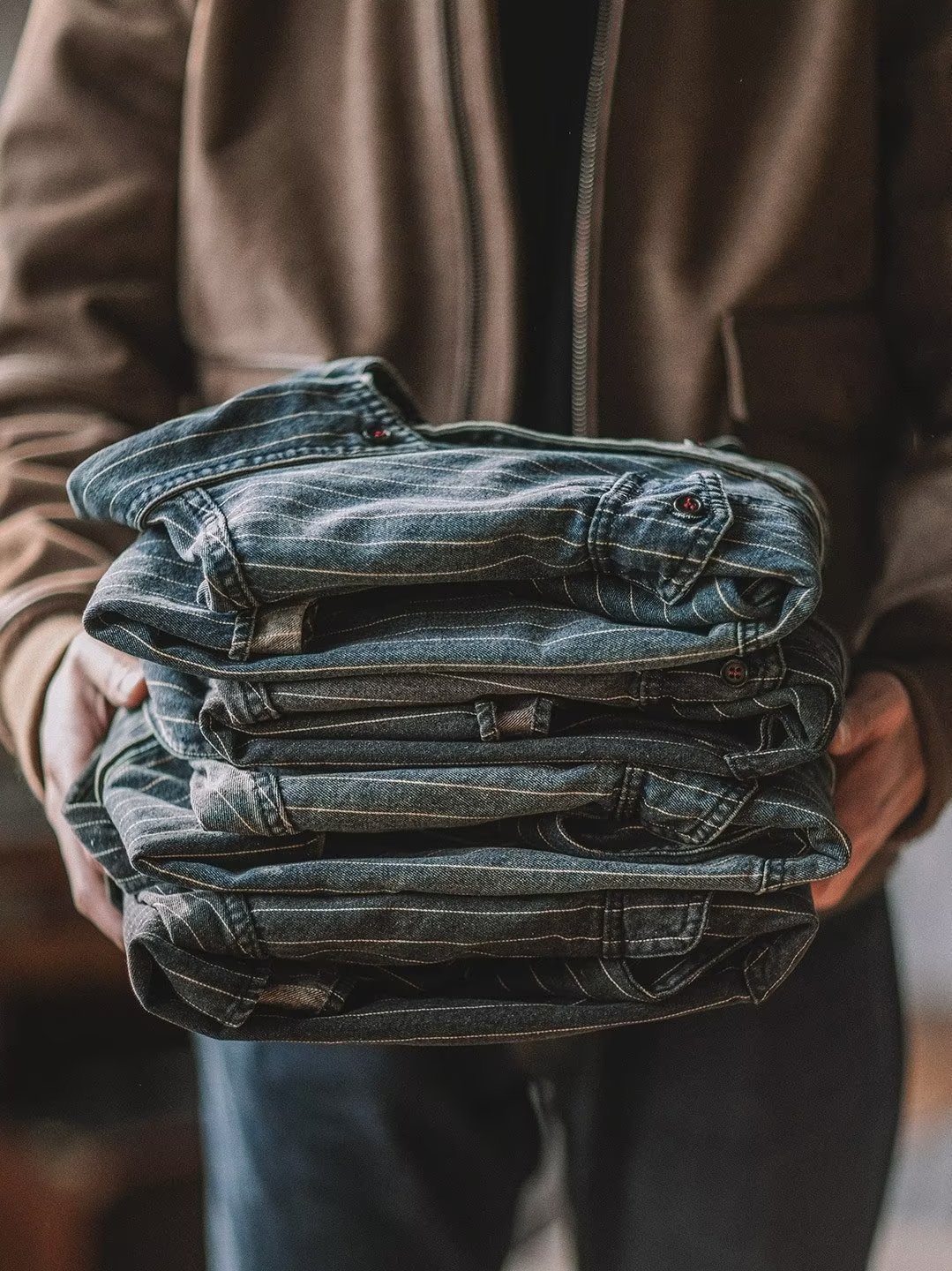 Herren Denim Hemd Japanischer Retro Style Langarm Gestreift_voghion.com