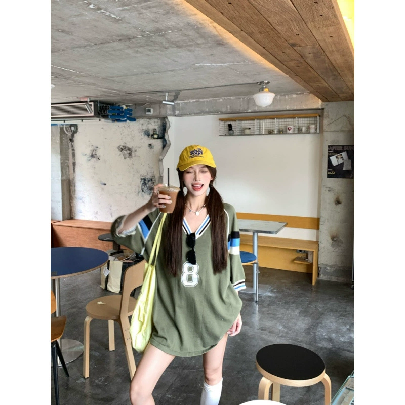 Реальный снимок и реальная цена, летняя американская ретро трикотажная футболка с v-образным вырезом и половиной рукавов, женский свободный топ из джерси с короткими рукавами