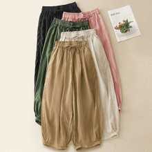 实拍2024进口天丝苎麻灯笼裤女系带松紧腰萝卜裤宽松显瘦休闲麻裤