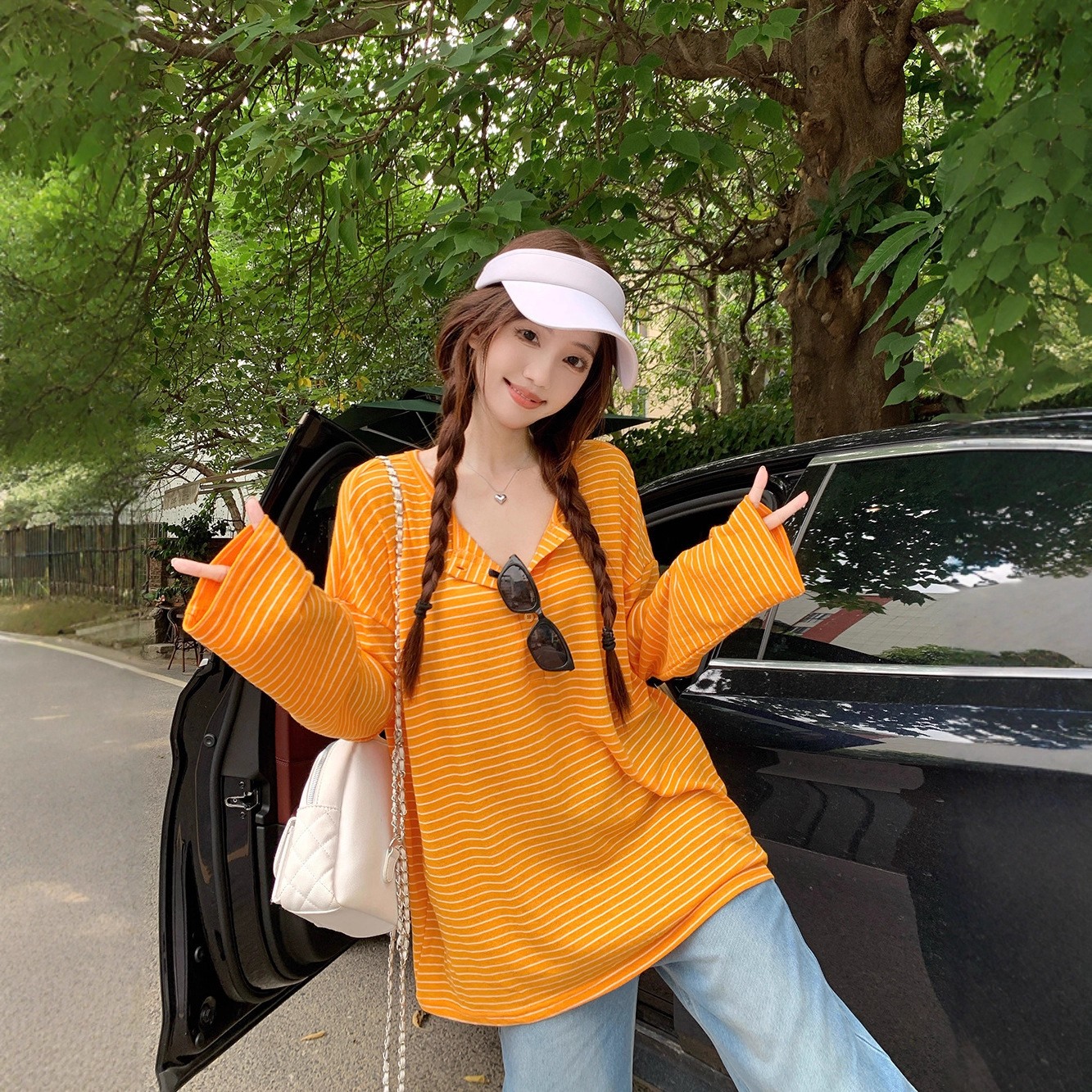 轻薄慵懒风设计感撞色条纹长袖针织衫女装早秋季小众百搭宽松上衣