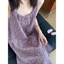 高级感紫色小碎花吊带睡裙女2026夏季新款宽松甜美无袖家居连衣裙